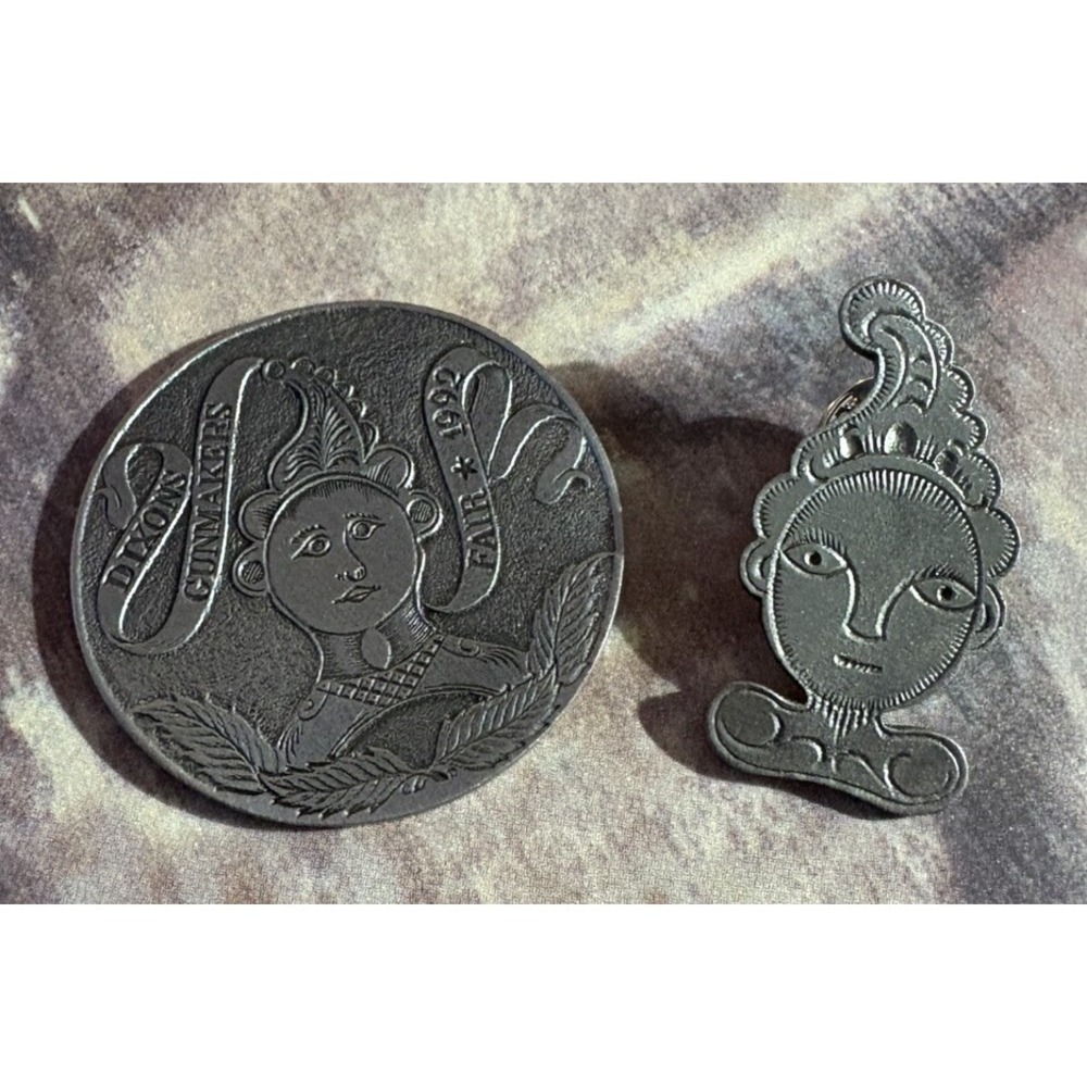 RARE - Pair Of 2 Pewter Dixons Gunmakers Fair Pin & Medallion 1991-92. EUC